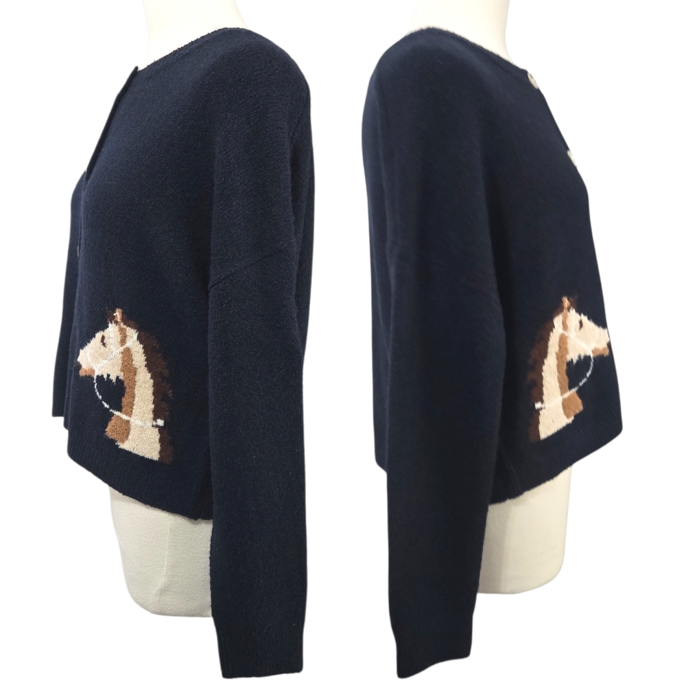 VIGOSS Horse Cardigan Sweater Women L Navy Blue Knit Button Up Cropped NWT - Picture 4 of 11